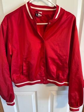 H&M Red Cropped Varsity Bomber Jacket with White Trim